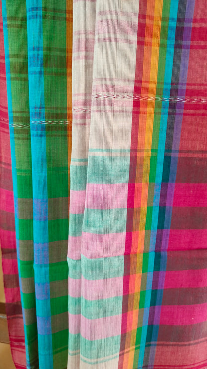 Rainbow Raga - Off-white with Multi-color Stripe Dhonekhali Handloom Cotton Saree