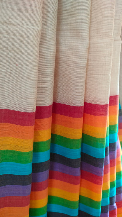 Rainbow Raga - Off-white with Multi-color Stripe Dhonekhali Handloom Cotton Saree