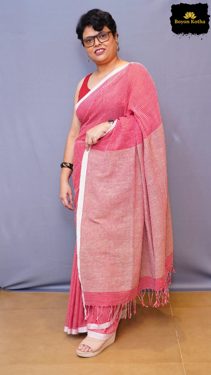 Ranga Sutra -  Red Handwoven Mercerized Cotton Saree with Woven White Stripes