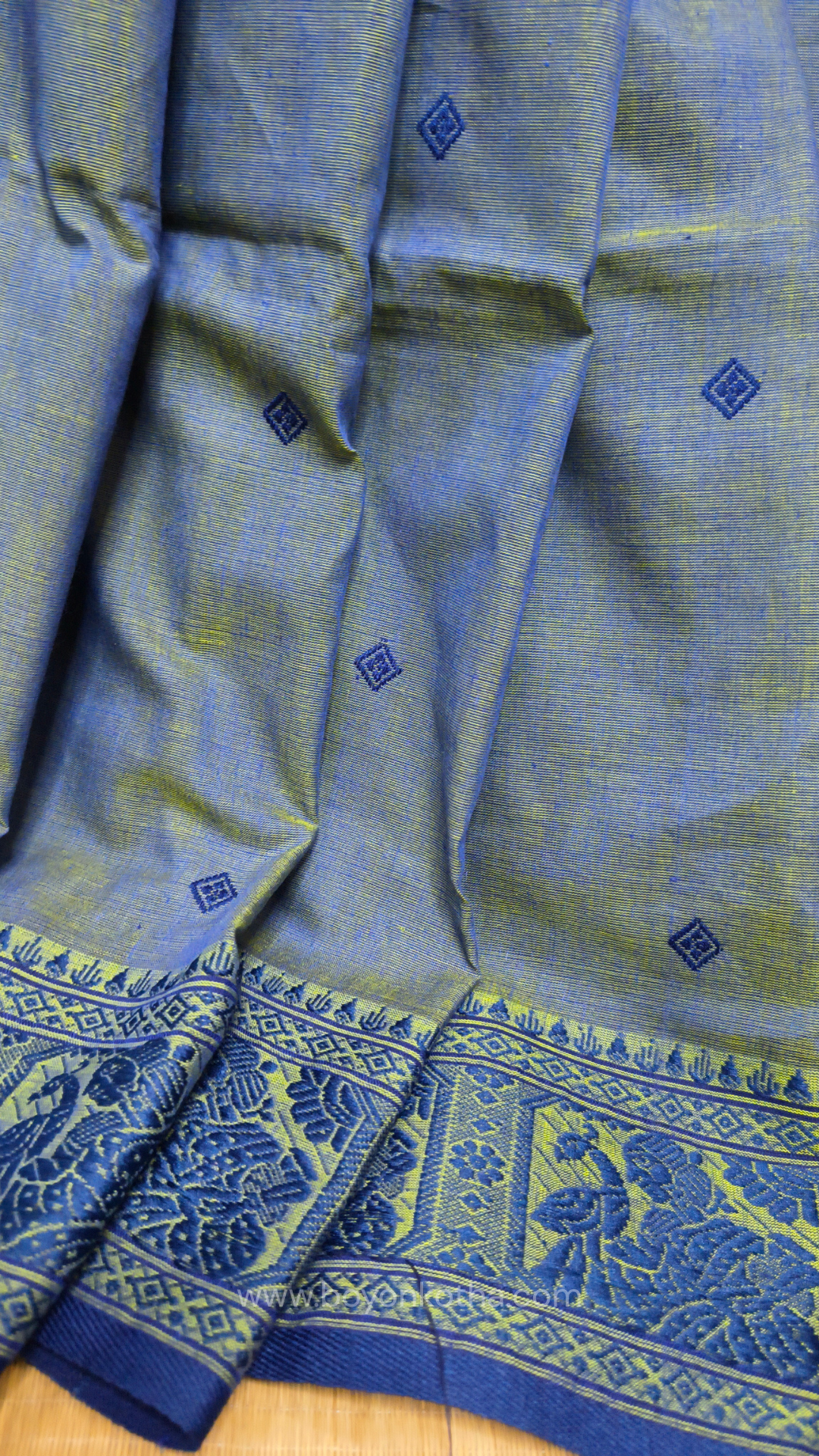 Dual-tone blue-green cotton baluchari saree, Bengal handloom cotton