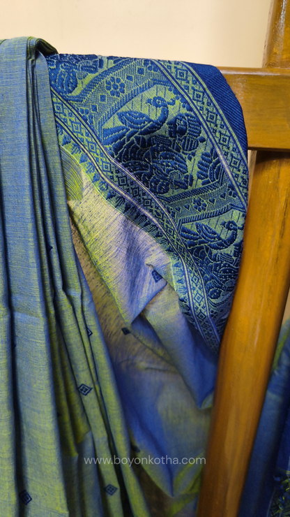 Dual-tone blue-green cotton baluchari saree, Bengal handloom cotton