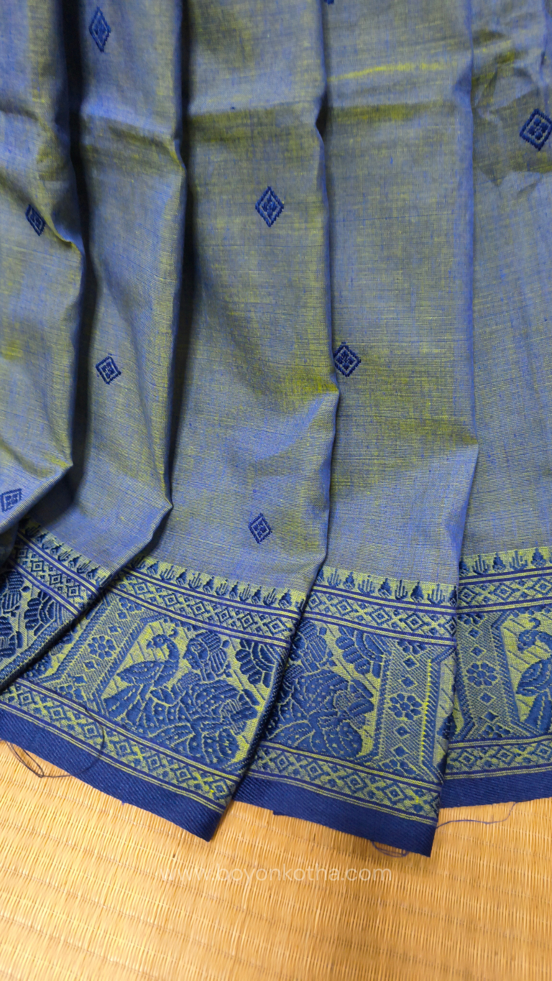 Dual-tone blue-green cotton baluchari saree, Bengal handloom cotton