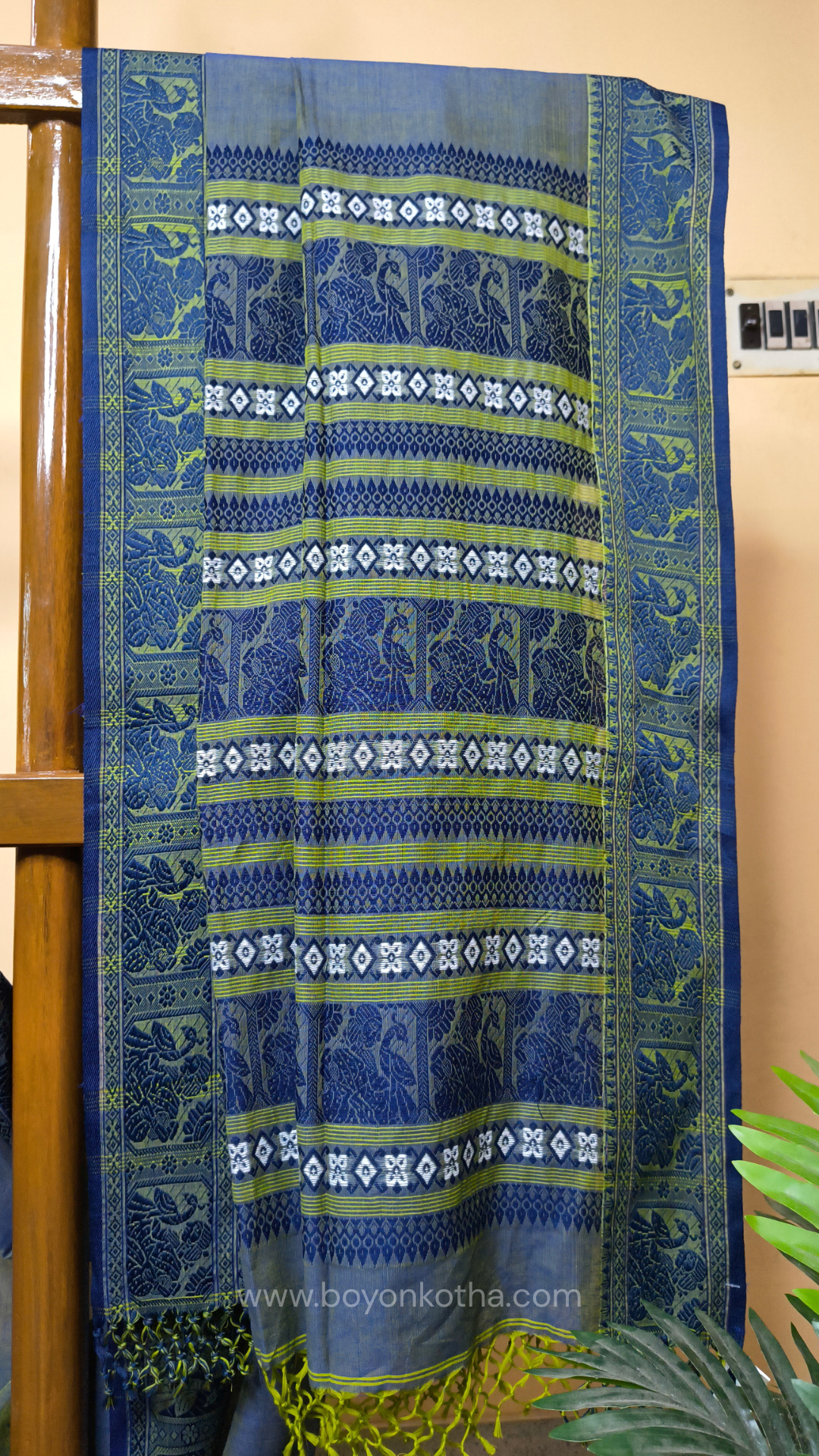 Dual-tone blue-green cotton baluchari saree, Bengal handloom cotton