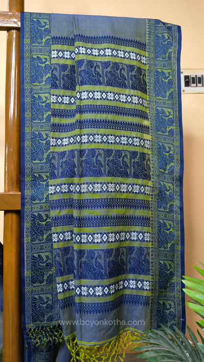 Dual-tone blue-green cotton baluchari saree, Bengal handloom cotton