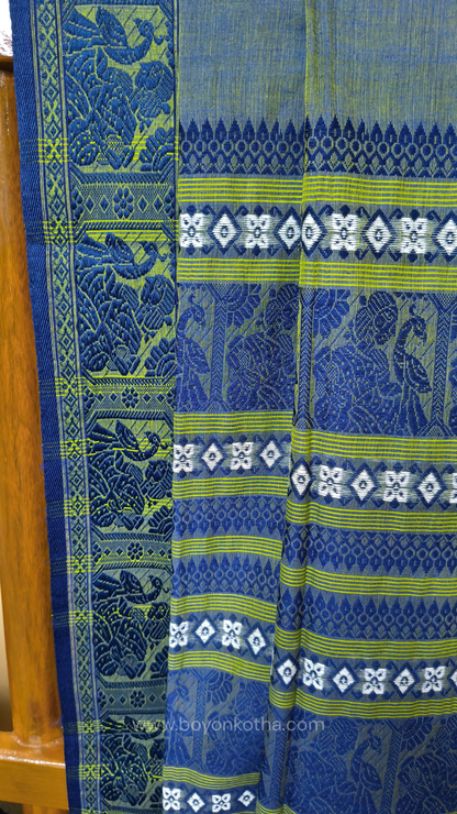 Dual-tone blue-green cotton baluchari saree, Bengal handloom cotton