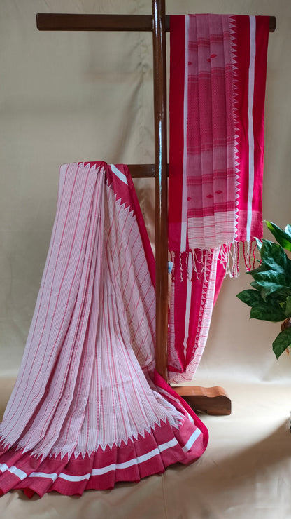 Laal Tepantar - Red and White Bengal Handloom Cotton Saree
