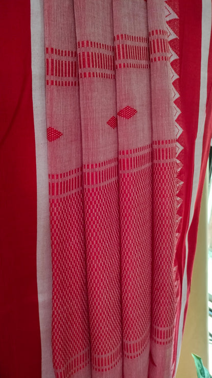 Laal Tepantar - Red and White Bengal Handloom Cotton Saree