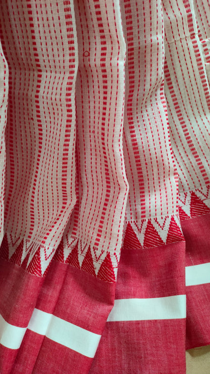Laal Tepantar - Red and White Bengal Handloom Cotton Saree