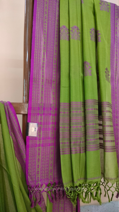 Parakeet Green handwoven mercerized cotton saree with Manipuri-inspired thread work pattern in pink. Durable, breathable Bengal handloom saree for festive wear.