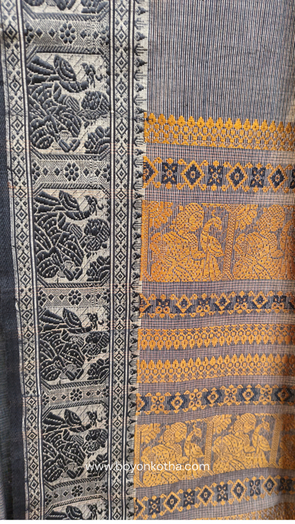Grey cotton baluchari saree, with woven motifs in the border & pallu in black and copper. Bengal handloom ideal for festivals & everyday celebrations.