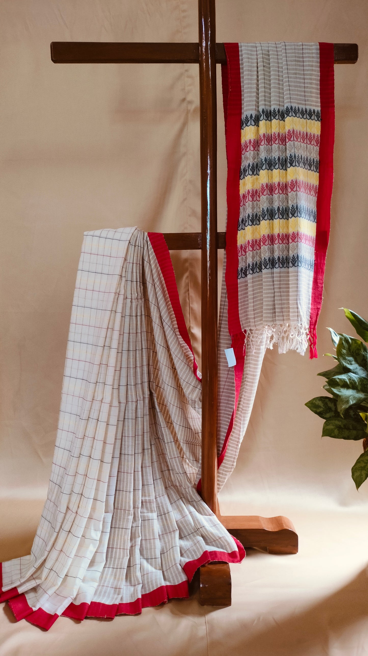 Podyorekha - Beige and Off-white Bengal Handloom Cotton Saree with Fine Line Checks