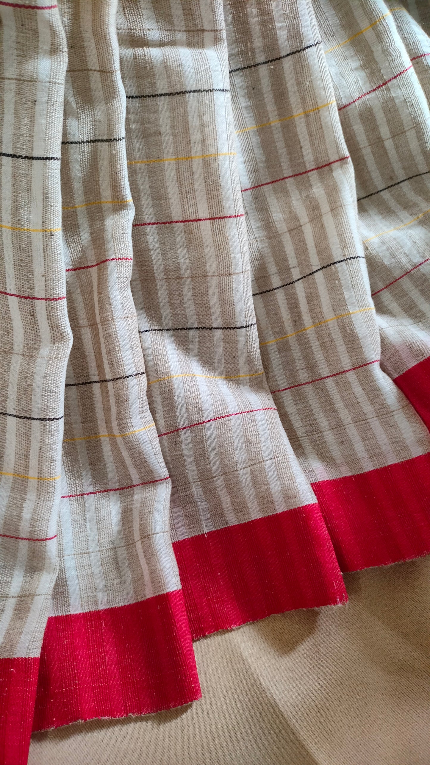 Podyorekha - Beige and Off-white Bengal Handloom Cotton Saree with Fine Line Checks