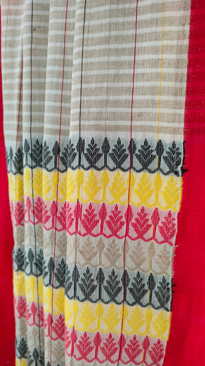 Podyorekha - Beige and Off-white Bengal Handloom Cotton Saree with Fine Line Checks