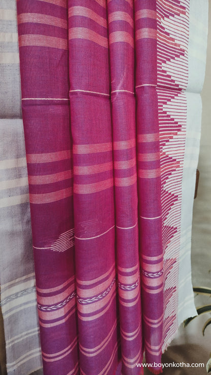 Whispers of Plum - Jamdani-inspired Dhonekhali Handloom Cotton Saree