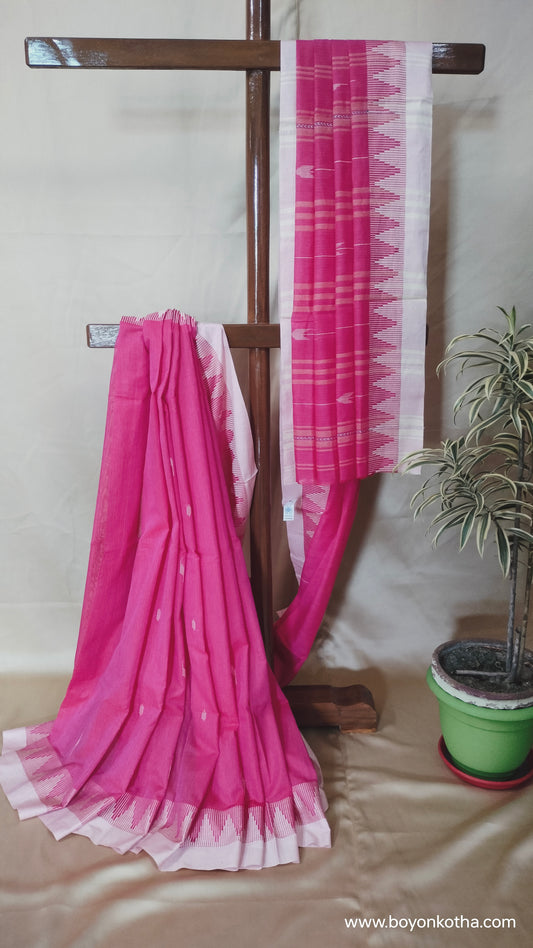 Rosé Reverie - Fuschia-pink Jamdani-inspired Dhonekhali Handloom Cotton Saree