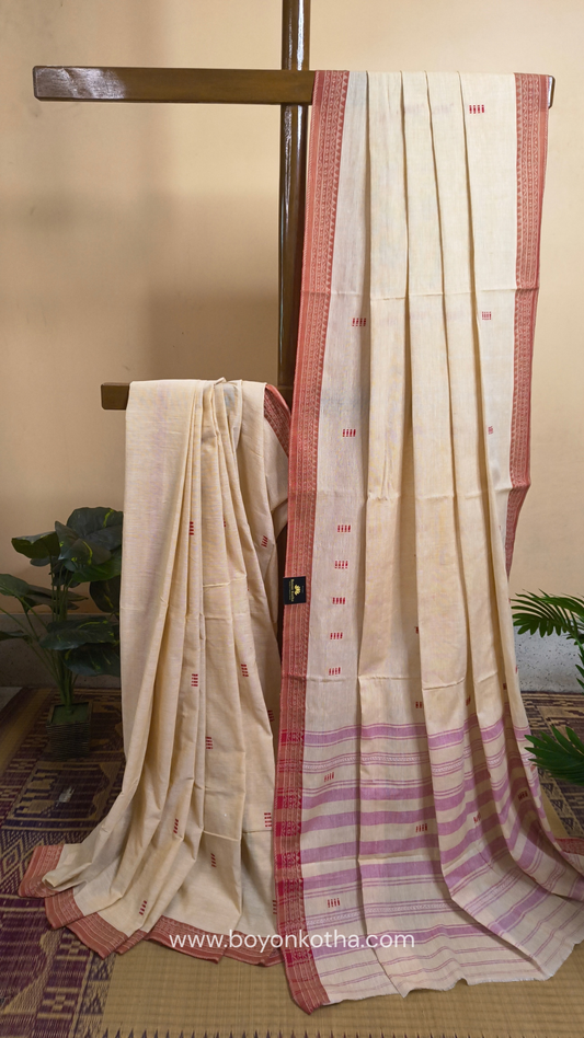 Off-white or beige Dhonekhali handloom cotton saree with rust border and butas in the saree, Ideal for office wear, casual gathering.