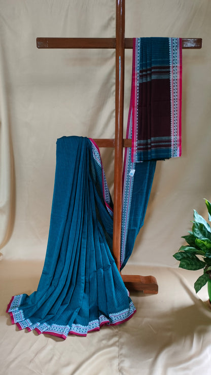 Blue Whisper - Blue Dhonekhali Handloom Cotton Saree with Maroon Pallu & Red and White Ornamental Border