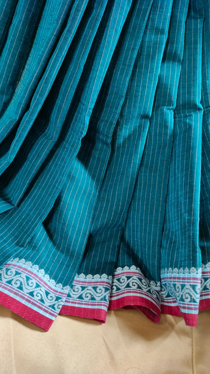 Blue Whisper - Blue Dhonekhali Handloom Cotton Saree with Maroon Pallu & Red and White Ornamental Border