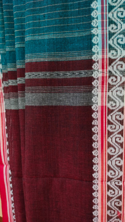 Blue Whisper - Blue Dhonekhali Handloom Cotton Saree with Maroon Pallu & Red and White Ornamental Border
