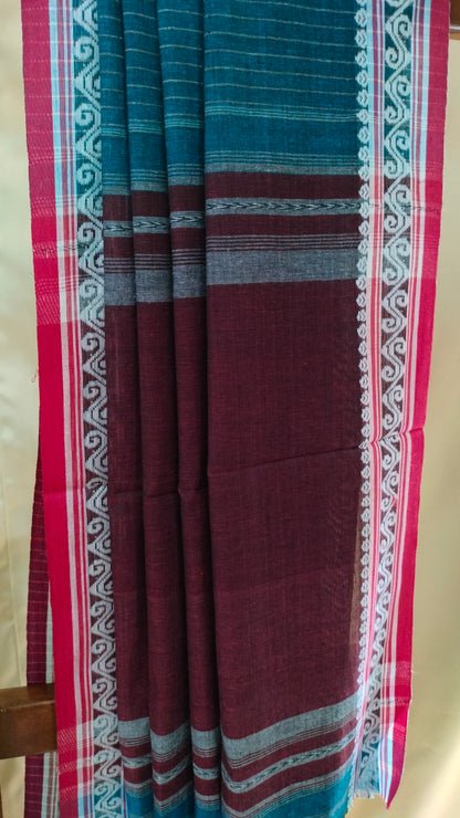 Blue Whisper - Blue Dhonekhali Handloom Cotton Saree with Maroon Pallu & Red and White Ornamental Border