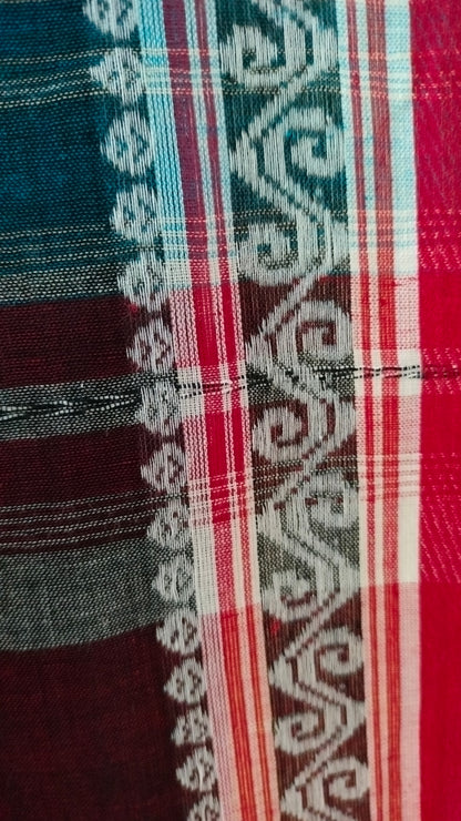 Blue Whisper - Blue Dhonekhali Handloom Cotton Saree with Maroon Pallu & Red and White Ornamental Border