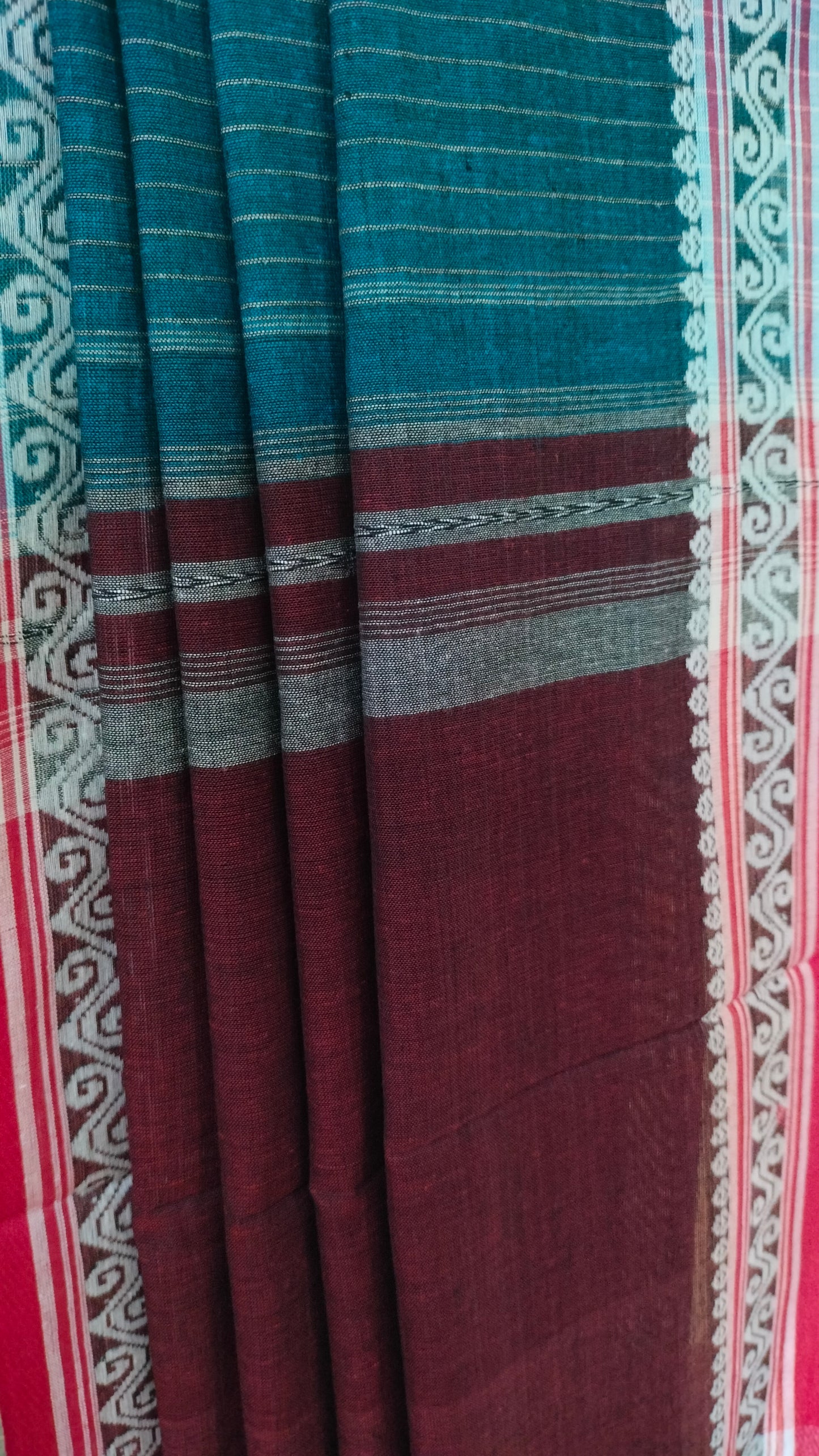 Blue Whisper - Blue Dhonekhali Handloom Cotton Saree with Maroon Pallu & Red and White Ornamental Border