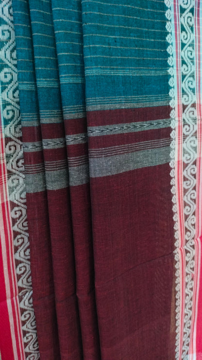 Blue Whisper - Blue Dhonekhali Handloom Cotton Saree with Maroon Pallu & Red and White Ornamental Border