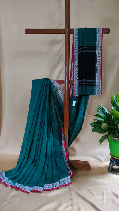 Forest Song - Bottle Green Dhonekhali Handloom Cotton Saree with Black Pallu & Red and White Ornamental Border