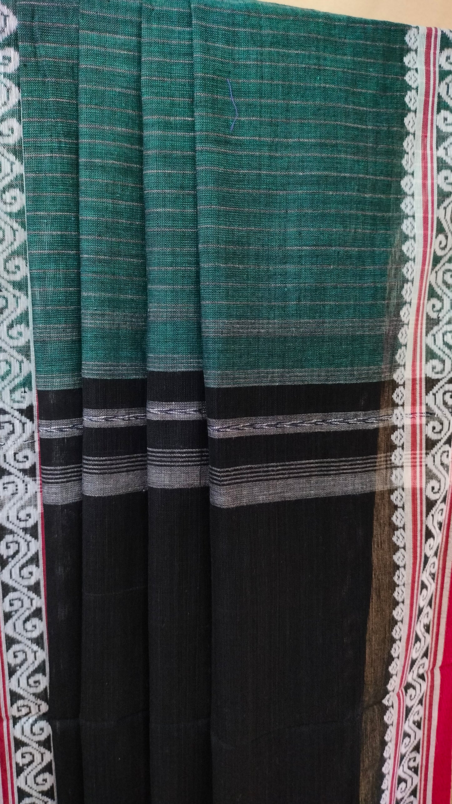 Forest Song - Bottle Green Dhonekhali Handloom Cotton Saree with Black Pallu & Red and White Ornamental Border