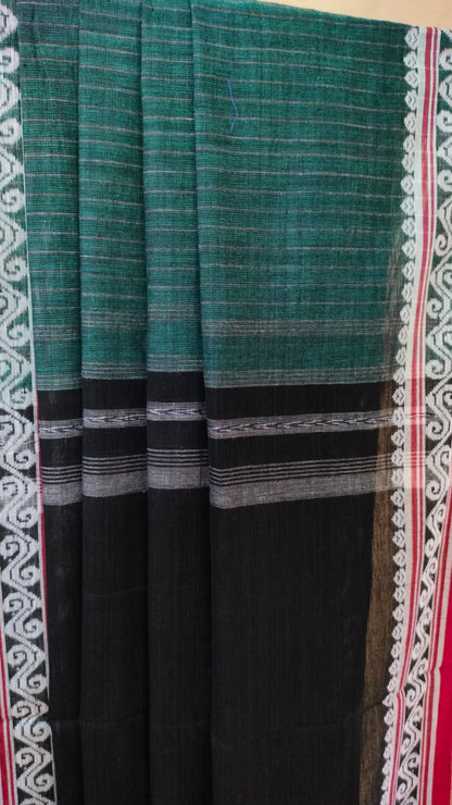 Forest Song - Bottle Green Dhonekhali Handloom Cotton Saree with Black Pallu & Red and White Ornamental Border
