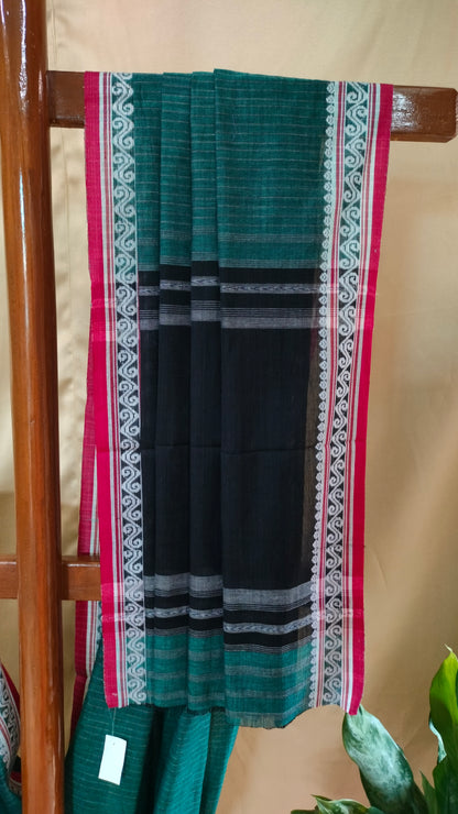Forest Song - Bottle Green Dhonekhali Handloom Cotton Saree with Black Pallu & Red and White Ornamental Border