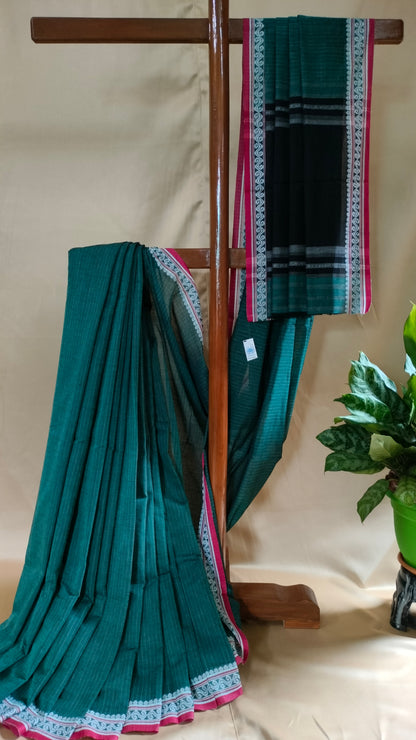 Forest Song - Bottle Green Dhonekhali Handloom Cotton Saree with Black Pallu & Red and White Ornamental Border