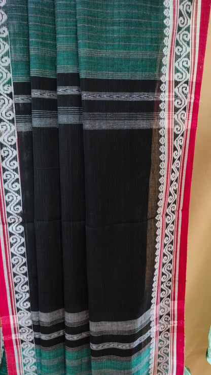 Forest Song - Bottle Green Dhonekhali Handloom Cotton Saree with Black Pallu & Red and White Ornamental Border