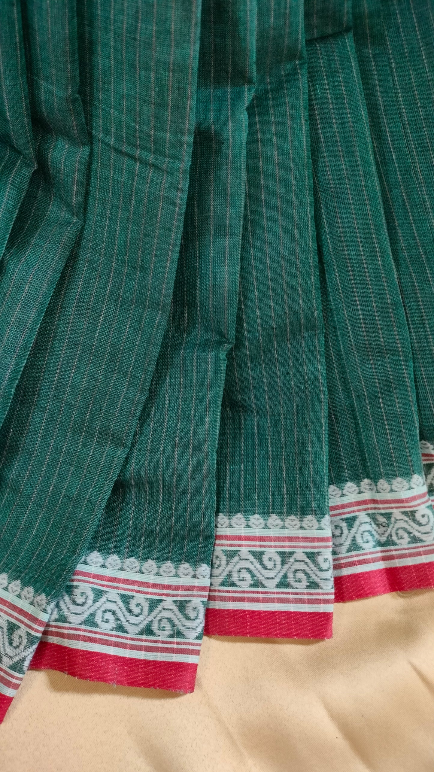 Forest Song - Bottle Green Dhonekhali Handloom Cotton Saree with Black Pallu & Red and White Ornamental Border
