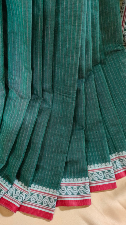 Forest Song - Bottle Green Dhonekhali Handloom Cotton Saree with Black Pallu & Red and White Ornamental Border