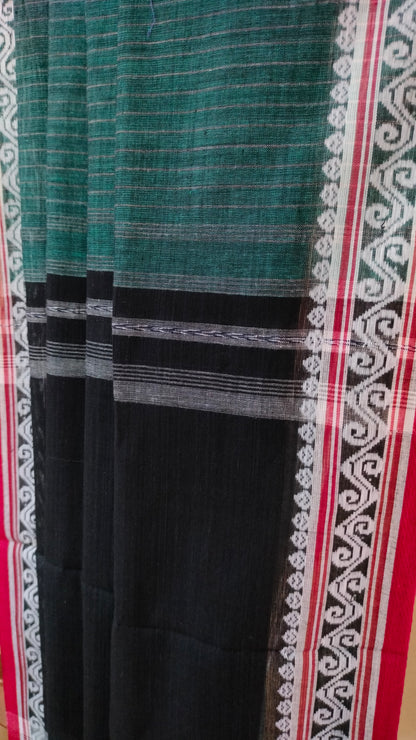 Forest Song - Bottle Green Dhonekhali Handloom Cotton Saree with Black Pallu & Red and White Ornamental Border