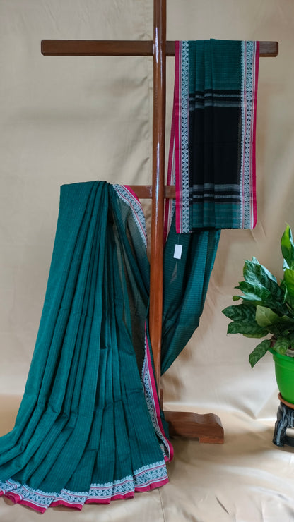 Forest Song - Bottle Green Dhonekhali Handloom Cotton Saree with Black Pallu & Red and White Ornamental Border
