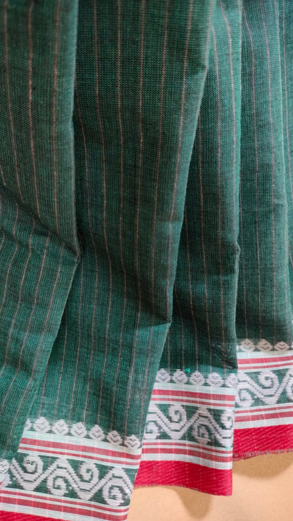 Forest Song - Bottle Green Dhonekhali Handloom Cotton Saree with Black Pallu & Red and White Ornamental Border