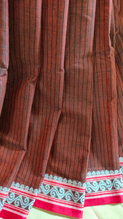 Earth Verse - Brown Dhonekhali Handloom Cotton Saree with Black Pallu & Red and White Ornamental Border