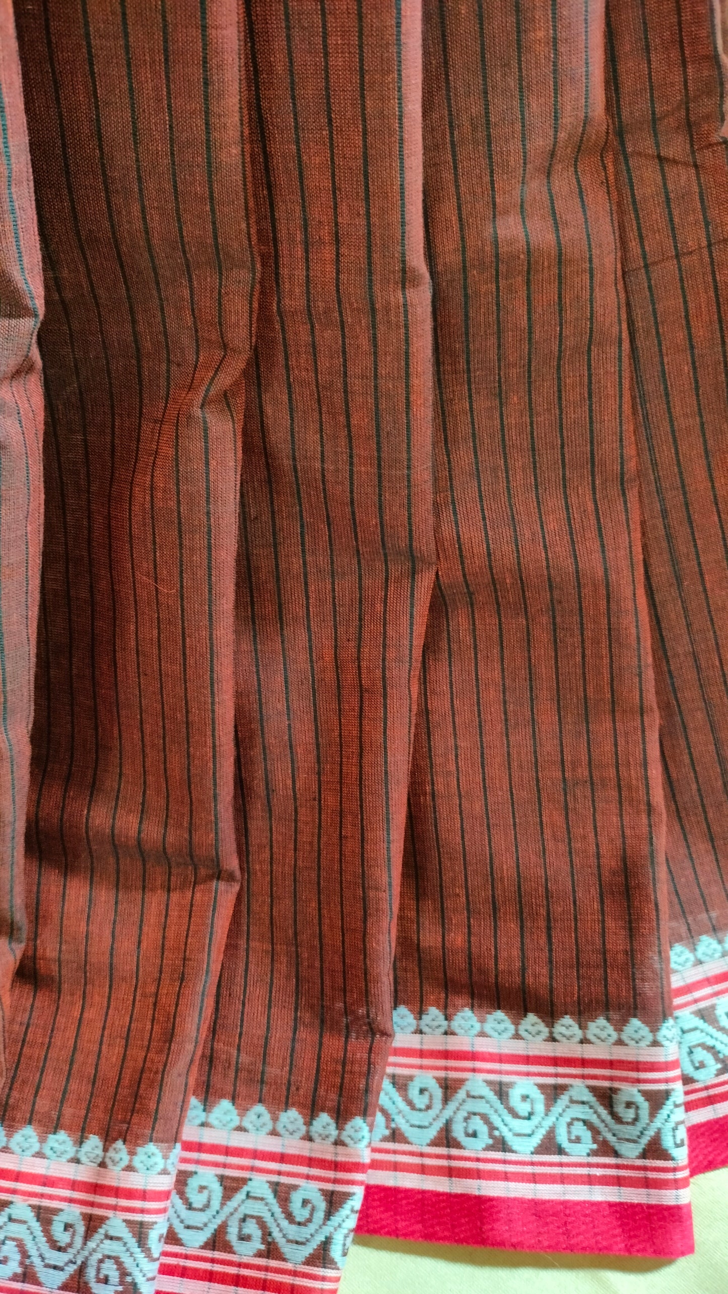 Earth Verse - Brown Dhonekhali Handloom Cotton Saree with Black Pallu & Red and White Ornamental Border