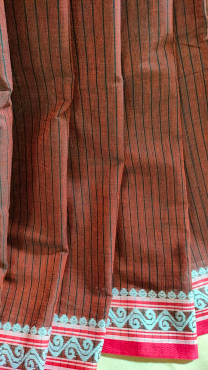 Earth Verse - Brown Dhonekhali Handloom Cotton Saree with Black Pallu & Red and White Ornamental Border