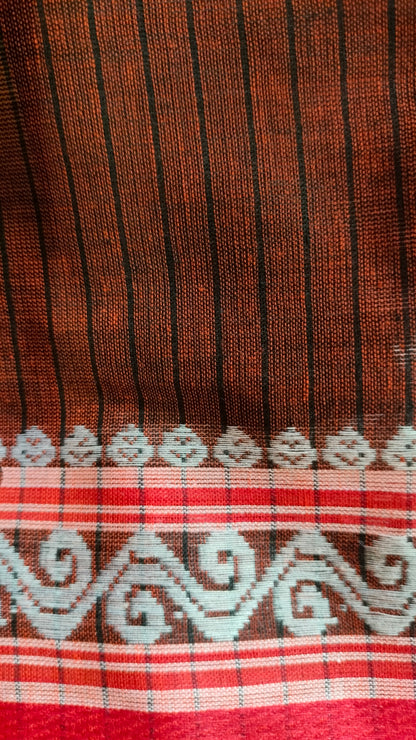 Earth Verse - Brown Dhonekhali Handloom Cotton Saree with Black Pallu & Red and White Ornamental Border