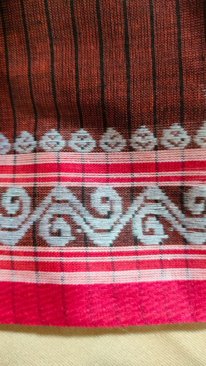 Earth Verse - Brown Dhonekhali Handloom Cotton Saree with Black Pallu & Red and White Ornamental Border