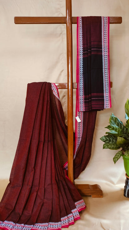 Earth Verse - Brown Dhonekhali Handloom Cotton Saree with Black Pallu & Red and White Ornamental Border