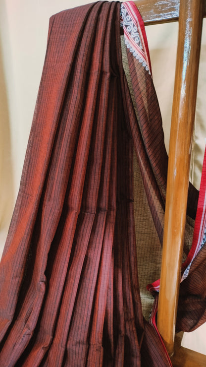 Earth Verse - Brown Dhonekhali Handloom Cotton Saree with Black Pallu & Red and White Ornamental Border