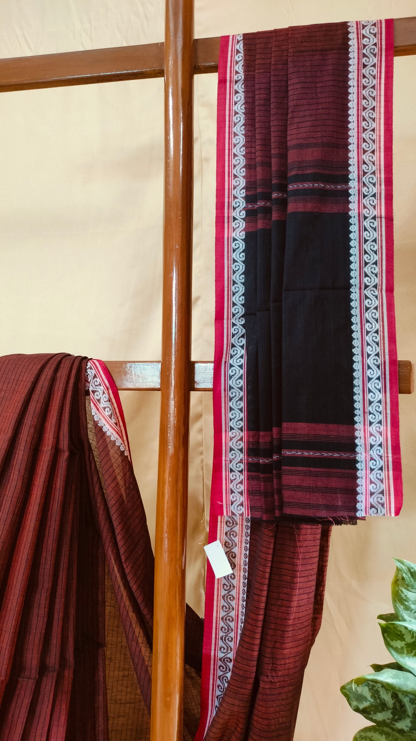 Earth Verse - Brown Dhonekhali Handloom Cotton Saree with Black Pallu & Red and White Ornamental Border