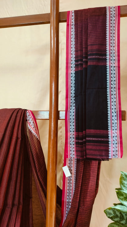 Earth Verse - Brown Dhonekhali Handloom Cotton Saree with Black Pallu & Red and White Ornamental Border
