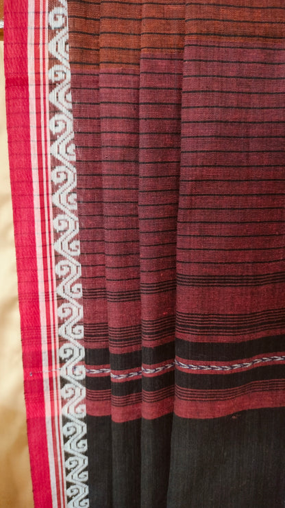 Earth Verse - Brown Dhonekhali Handloom Cotton Saree with Black Pallu & Red and White Ornamental Border