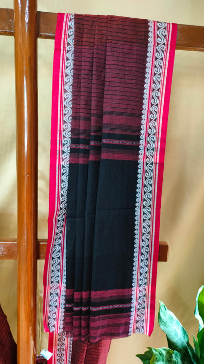 Earth Verse - Brown Dhonekhali Handloom Cotton Saree with Black Pallu & Red and White Ornamental Border
