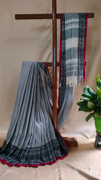 Ash Raga – Grey Dhonekhali Handloom Cotton Saree with Black Fish Motif Border & Red Selvedge